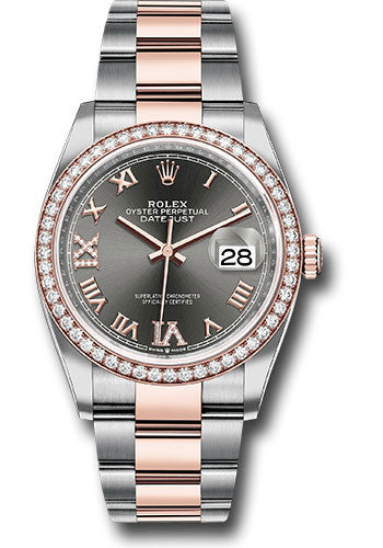 *Pre-Owned* Rolex Steel and Everose Rolesor Datejust 36 Watch - Diamond Bezel - Dark Rhodium Roman Dial - Oyster Bracelet