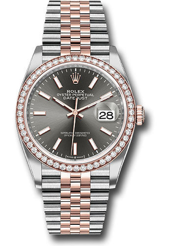 *Pre-Owned* Rolex Steel and Everose Rolesor Datejust 36 Watch - Diamond Bezel - Dark Rhodium Index Dial - Jubilee Bracelet