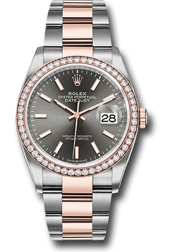 *Pre-Owned* Rolex Steel and Everose Rolesor Datejust 36 Watch - Diamond Bezel - Dark Rhodium Index Dial - Oyster Bracelet