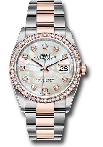 *Pre-Owned* Rolex Steel and Everose Rolesor Datejust 36 Watch - Diamond Bezel - White Mother-Of-Pearl Diamond Dial - Oyster Bracelet