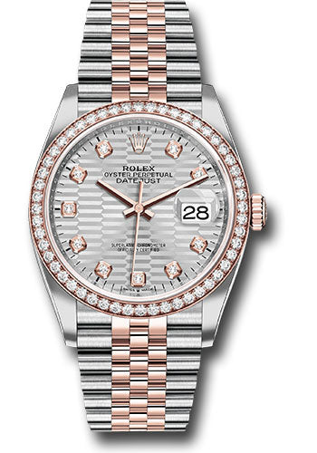 *Pre-Owned* Rolex Everose Rolesor Datejust 36 Watch - Diamond Bezel - Silver Fluted Motif Diamond Dial - Jubilee Bracelet