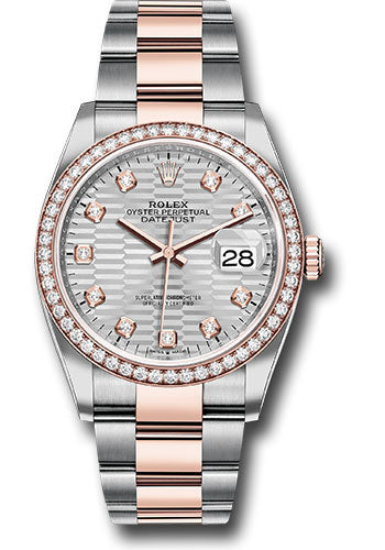 *Pre-Owned* Rolex Everose Rolesor Datejust 36 Watch - Diamond Bezel - Silver Fluted Motif Diamond Dial - Oyster Bracelet