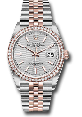 *Pre-Owned* Rolex Everose Rolesor Datejust 36 Watch - Diamond Bezel - Silver Fluted Motif Index Dial - Jubilee Bracelet