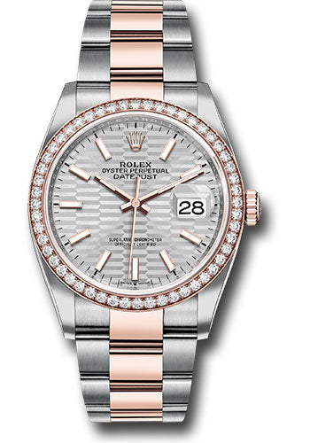 *Pre-Owned* Rolex Everose Rolesor Datejust 36 Watch - Diamond Bezel - Silver Fluted Motif Index Dial - Oyster Bracelet