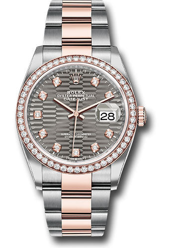 *Pre-Owned* Rolex Everose Rolesor Datejust 36 Watch - Diamond Bezel - Slate Fluted Motif Diamond Dial - Oyster Bracelet