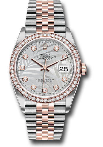 *Pre-Owned* Rolex Everose Rolesor Datejust 36 Watch - Diamond Bezel - Silver Palm Motif Diamond Dial - Jubilee Bracelet