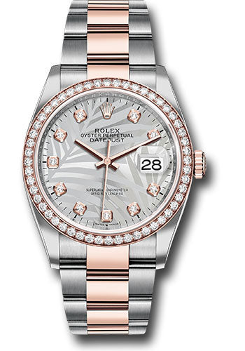 *Pre-Owned* Rolex Everose Rolesor Datejust 36 Watch - Diamond Bezel - Silver Palm Motif Diamond Dial - Oyster Bracelet