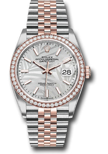 *Pre-Owned* Rolex Everose Rolesor Datejust 36 Watch - Diamond Bezel - Silver Palm Motif Index Dial - Jubilee Bracelet