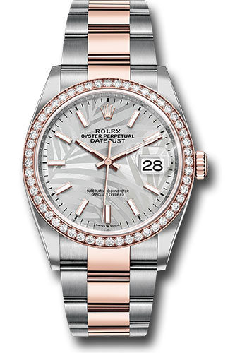 *Pre-Owned* Rolex Everose Rolesor Datejust 36 Watch - Diamond Bezel - Silver Palm Motif Index Dial - Oyster Bracelet