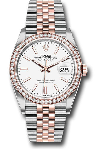 *Pre-Owned* Rolex Steel and Everose Rolesor Datejust 36 Watch - Diamond Bezel - White Index Dial - Jubilee Bracelet