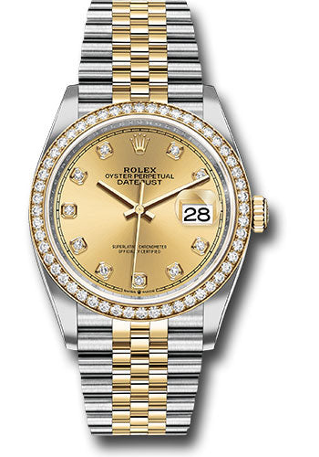 *Pre-Owned* Rolex Steel and Yellow Gold Rolesor Datejust 36 Watch - Yellow Diamond Bezel - Champagne Diamond Dial - Jubilee Bracelet