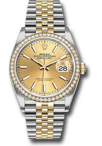 *Pre-Owned* Rolex Steel and Yellow Gold Rolesor Datejust 36 Watch - Yellow Diamond Bezel - Champagne Index Dial - Jubilee Bracelet