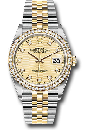 *Pre-Owned* Rolex Yellow Rolesor Datejust 36 Watch - Diamond Bezel - Golden Fluted Motif Diamond Dial - Jubilee Bracelet