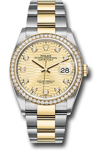 *Pre-Owned* Rolex Yellow Rolesor Datejust 36 Watch - Diamond Bezel - Golden Fluted Motif Diamond Dial - Oyster Bracelet