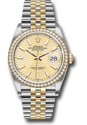 *Pre-Owned* Rolex Yellow Rolesor Datejust 36 Watch - Diamond Bezel - Golden Fluted Motif Index Dial - Jubilee Bracelet