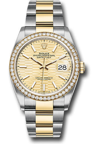 *Pre-Owned* Rolex Yellow Rolesor Datejust 36 Watch - Diamond Bezel - Golden Fluted Motif Index Dial - Oyster Bracelet