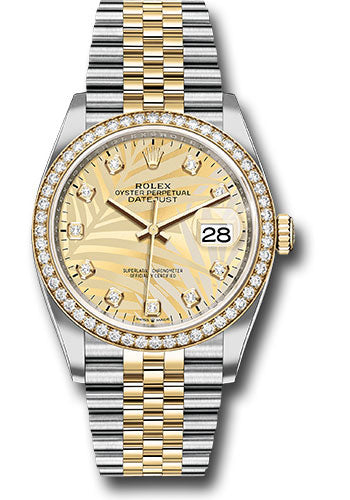 *Pre-Owned* Rolex Yellow Rolesor Datejust 36 Watch - Diamond Bezel - Golden Palm Motif Diamond Dial - Jubilee Bracelet