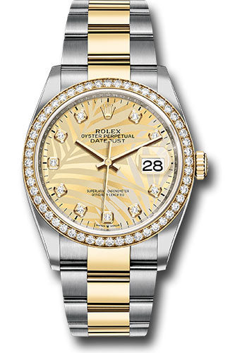 *Pre-Owned* Rolex Yellow Rolesor Datejust 36 Watch - Diamond Bezel - Golden Palm Motif Diamond Dial - Oyster Bracelet