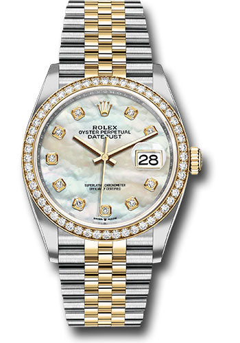 *Pre-Owned* Rolex Steel and Yellow Gold Rolesor Datejust 36 Watch - Yellow Diamond Bezel - White Mother-Of-Pearl Diamond Dial - Jubilee Bracelet