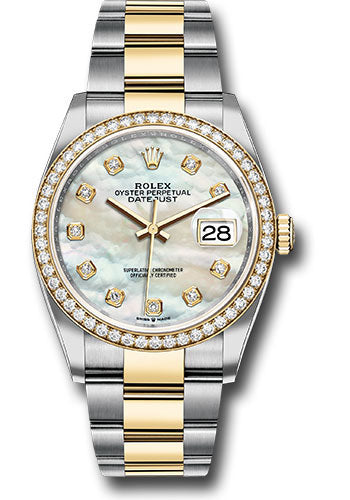 *Pre-Owned* Rolex Steel and Yellow Gold Rolesor Datejust 36 Watch - Diamond Bezel - White Mother-Of-Pearl Diamond Dial - Oyster Bracelet