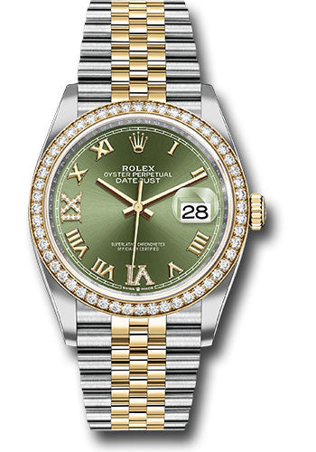 *Pre-Owned* Rolex Steel and Yellow Gold Rolesor Datejust 36 Watch - Yellow Diamond Bezel - Olive Green Roman Dial - Jubilee Bracelet