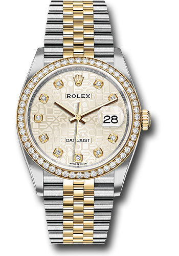 *Pre-Owned* Rolex Steel and Yellow Gold Rolesor Datejust 36 Watch - Yellow Diamond Bezel - Silver Jubilee Diamond Dial - Jubilee Bracelet