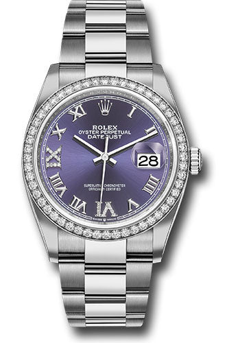 *Pre-Owned* Rolex Steel Datejust 36 Watch - Diamond Bezel - Aubergine Purple Diamond Roman VI and IX Dial - Oyster Bracelet