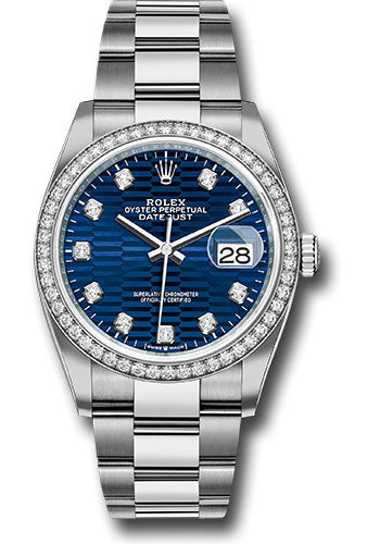 *Pre-Owned* Rolex White Rolesor Datejust 36 Watch - Diamond Bezel - Bright Blue Fluted Motif Diamond Dial - Oyster Bracelet