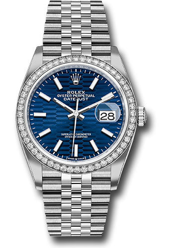 *Pre-Owned* Rolex White Rolesor Datejust 36 Watch - Diamond Bezel - Bright Blue Fluted Motif Index Dial - Jubilee Bracelet