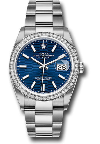 *Pre-Owned* Rolex White Rolesor Datejust 36 Watch - Diamond Bezel - Bright Blue Fluted Motif Index Dial - Oyster Bracelet