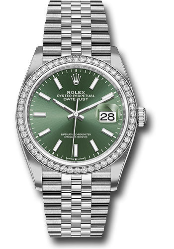 *Pre-Owned* Rolex White Rolesor Datejust 36 Watch - Diamond Bezel - Mint Green Index Dial - Jubilee Bracelet