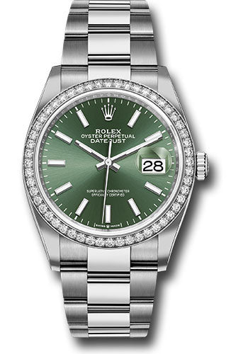 *Pre-Owned* Rolex White Rolesor Datejust 36 Watch - Diamond Bezel - Mint Green Index Dial - Oyster Bracelet