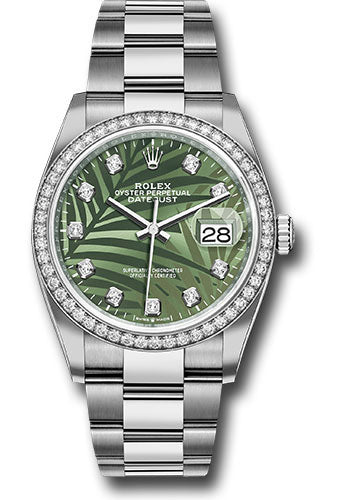 *Pre-Owned* Rolex White Rolesor Datejust 36 Watch - Diamond Bezel - Olive Green Palm Motif Diamond 6 Dial - Oyster Bracelet