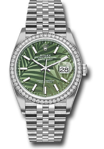 *Pre-Owned* Rolex White Rolesor Datejust 36 Watch - Diamond Bezel - Olive Green Palm Motif Index 6 Dial - Jubilee Bracelet