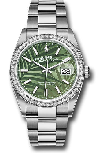 *Pre-Owned* Rolex White Rolesor Datejust 36 Watch - Diamond Bezel - Olive Green Palm Motif Index 6 Dial - Oyster Bracelet