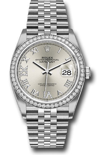 *Pre-Owned* Rolex Steel Datejust 36 Watch - Diamond Bezel - Silver Diamond Roman VI and IX Dial - Jubilee Bracelet