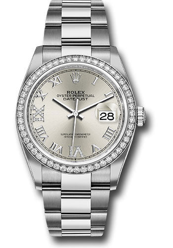 *Pre-Owned* Rolex Steel Datejust 36 Watch - Diamond Bezel - Silver Diamond Roman VI and IX Dial - Oyster Bracelet