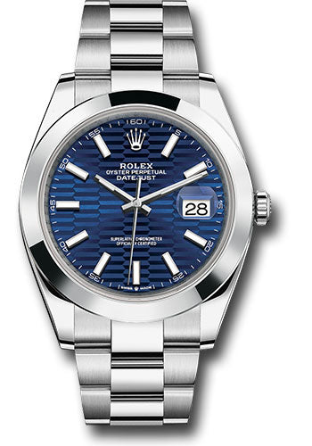 *Pre-Owned* Rolex Oystersteel Datejust 41 Watch - Smooth Bezel - Bright Blue Fluted Motif Index Dial - Oyster Bracelet