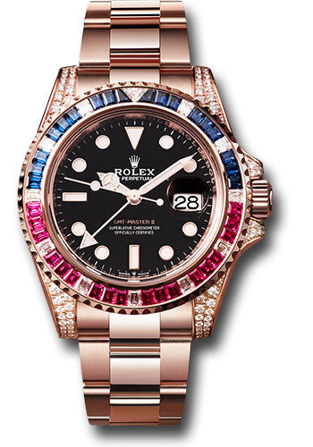 *Pre-Owned* Rolex Everose GMT-Master II 40 Watch - Diamond Lugs - Diamond Sapphire Emerald Bezel - Black Dial - Oyster Bracelet