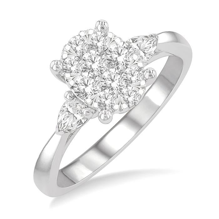 3/4 Ctw Oval Shape Shine Bright Pear and Round Cut Diamond Engagement Ring in 14K White Gold