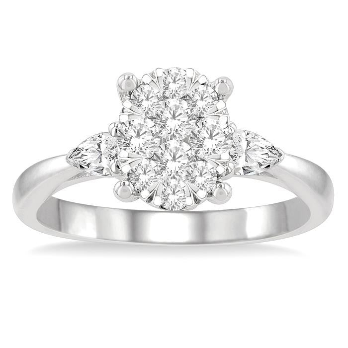 3/4 Ctw Oval Shape Shine Bright Pear and Round Cut Diamond Engagement Ring in 14K White Gold
