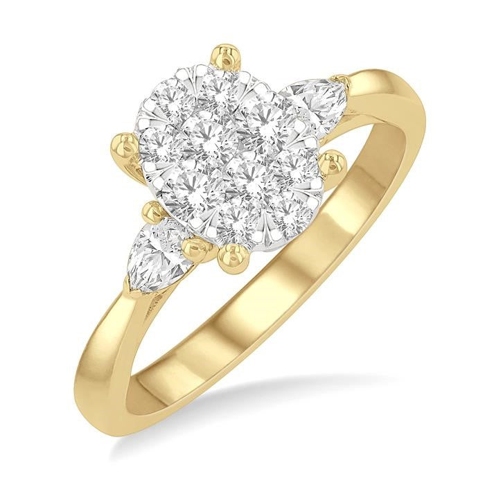 3/4 Ctw Oval Shape Shine Bright Pear and Round Cut Diamond Engagement Ring in 14K Yellow and White gold