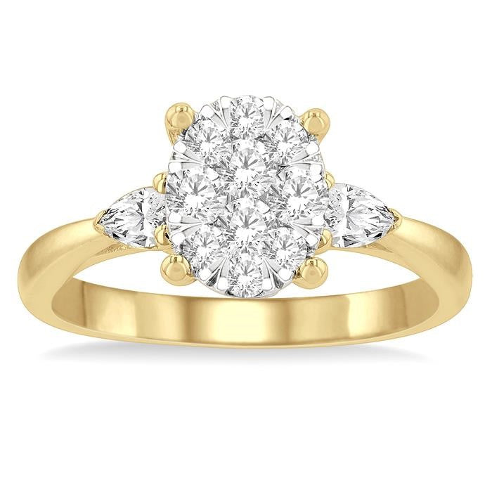 3/4 Ctw Oval Shape Shine Bright Pear and Round Cut Diamond Engagement Ring in 14K Yellow and White gold