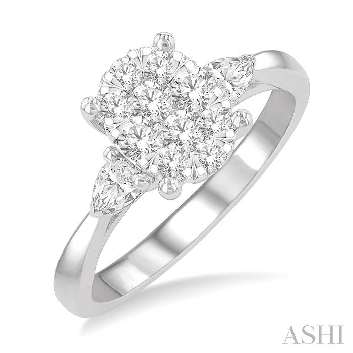 3/4 Ctw Oval Shape Shine Bright Pear and Round Cut Diamond Engagement Ring in 14K White Gold