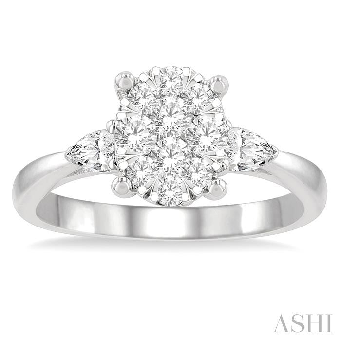 3/4 Ctw Oval Shape Shine Bright Pear and Round Cut Diamond Engagement Ring in 14K White Gold