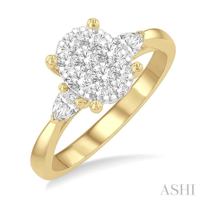 3/4 Ctw Oval Shape Shine Bright Pear and Round Cut Diamond Engagement Ring in 14K Yellow and White gold