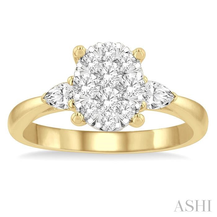 3/4 Ctw Oval Shape Shine Bright Pear and Round Cut Diamond Engagement Ring in 14K Yellow and White gold