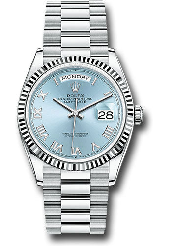 *Pre-Owned* Rolex Platinum Day-Date 36 Watch - Fluted Bezel - Ice Blue Roman Dial - President Bracelet