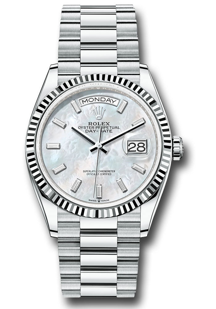 *Pre-Owned* Rolex Platinum Day-Date 36 Watch - Fluted Bezel - White Mother-Of-Pearl Dial - President Bracelet