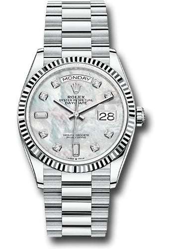 *Pre-Owned* Rolex Platinum Day-Date 36 Watch - Fluted Bezel - White Mother-Of-Pearl Diamond Dial - President Bracelet